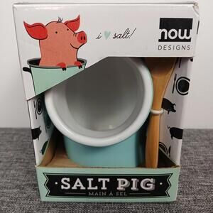 Now Designs light Turquoise Salt Pig w/ Wood Spoon Stoneware Kitchen Salt Cellar